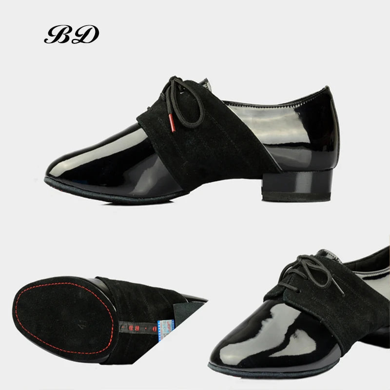 Patent Leather Men's Ballroom Dance Shoes with Oxford Fabric Accent in Middle. BD 322