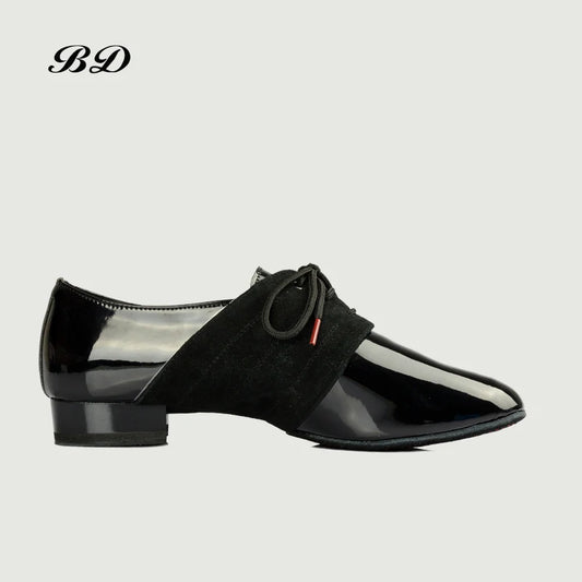 Patent Leather Men's Ballroom Dance Shoes with Oxford Fabric Accent in Middle. BD 322