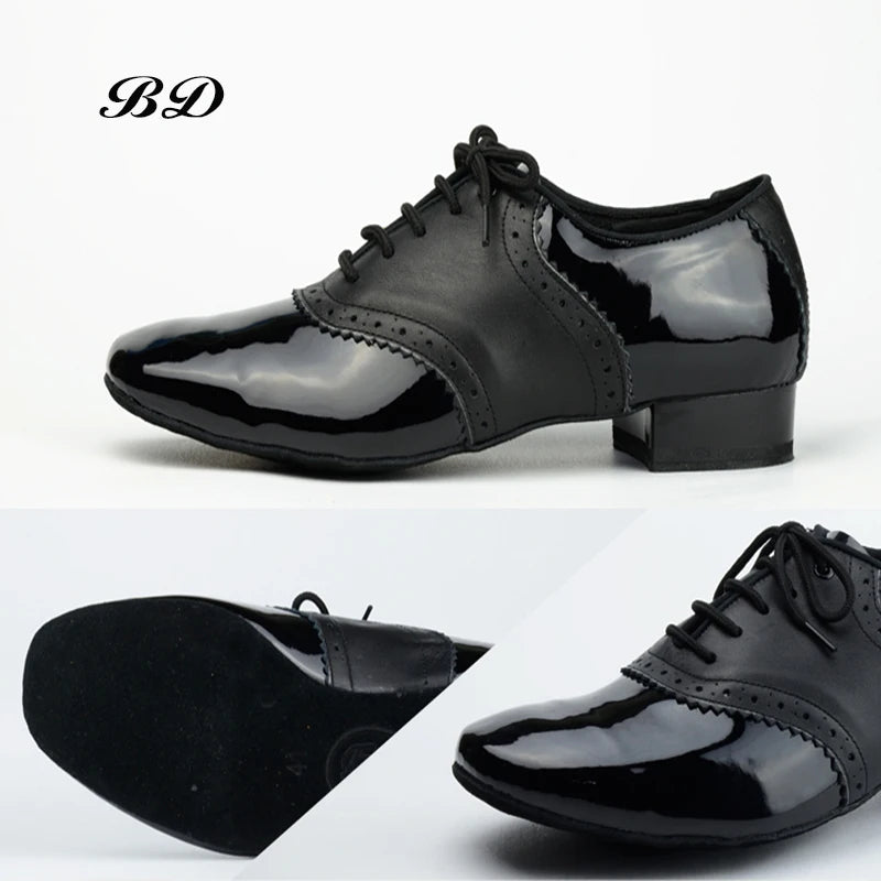 Stylish Patent and Cowhide Leather Ballroom Shoes with Solid Sole and Short Heel BD 315