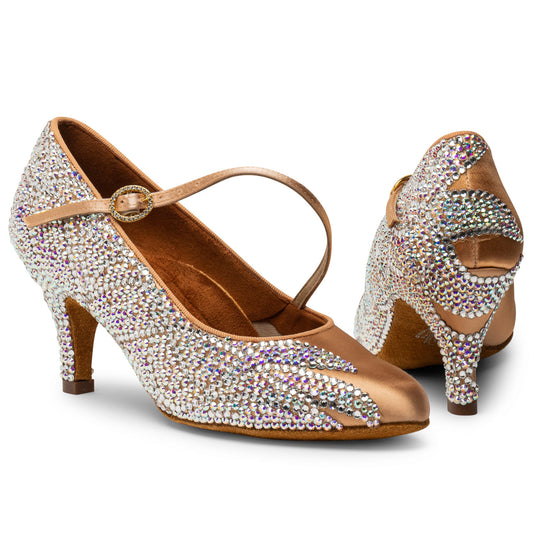 International Dance Shoes IDS Peach Satin ICS RoundToe SingleStrap by Lauren Covered in Preciosa Crystals