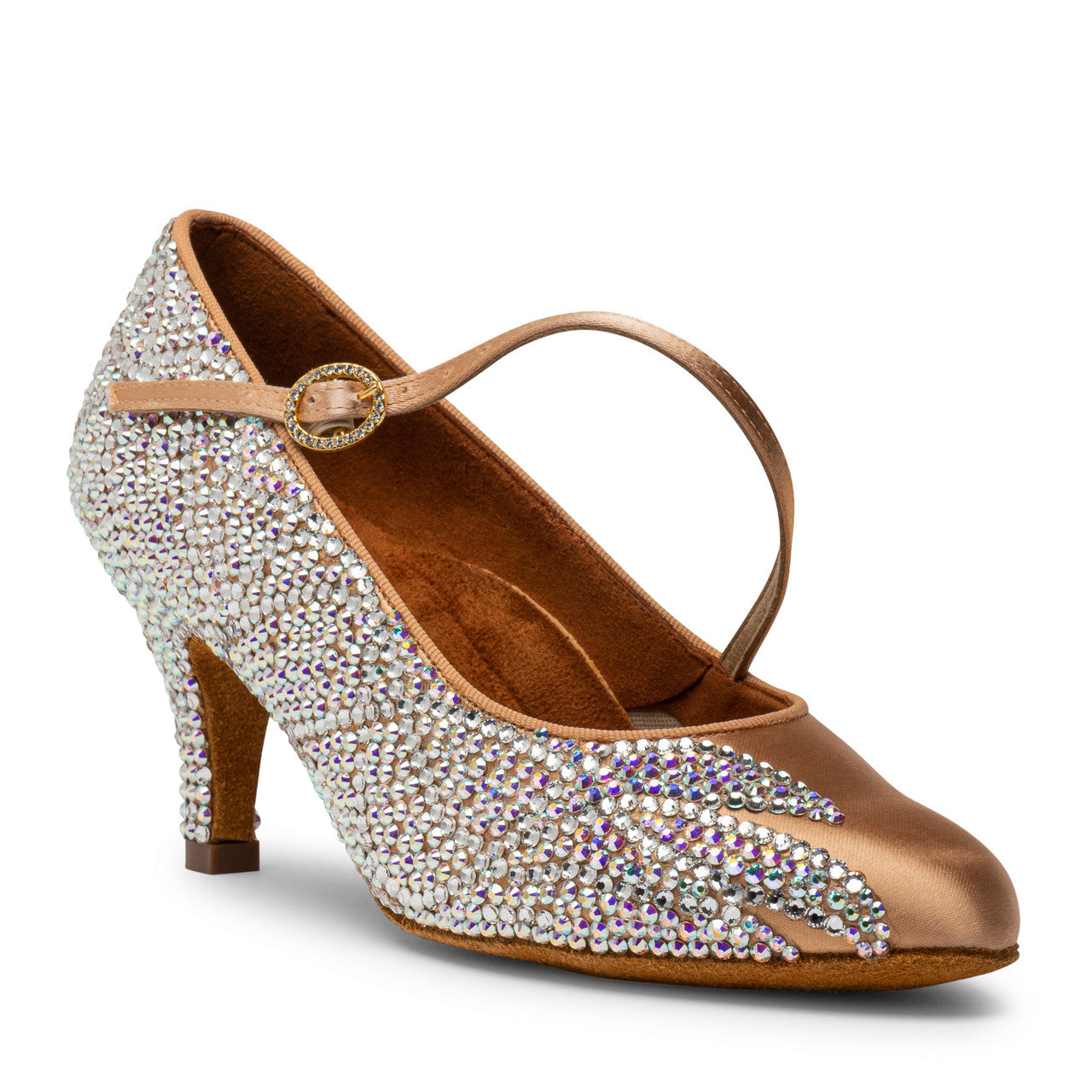 International Dance Shoes IDS Peach Satin ICS RoundToe SingleStrap by Lauren Covered in Preciosa Crystals