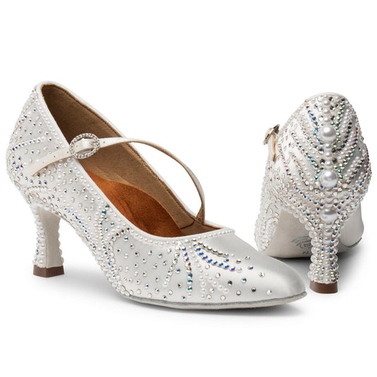 International Dance Shoes IDS White Satin ICS RoundToe SingleStrap Ballroom Shoe by Lauren Covered in Preciosa Crystals