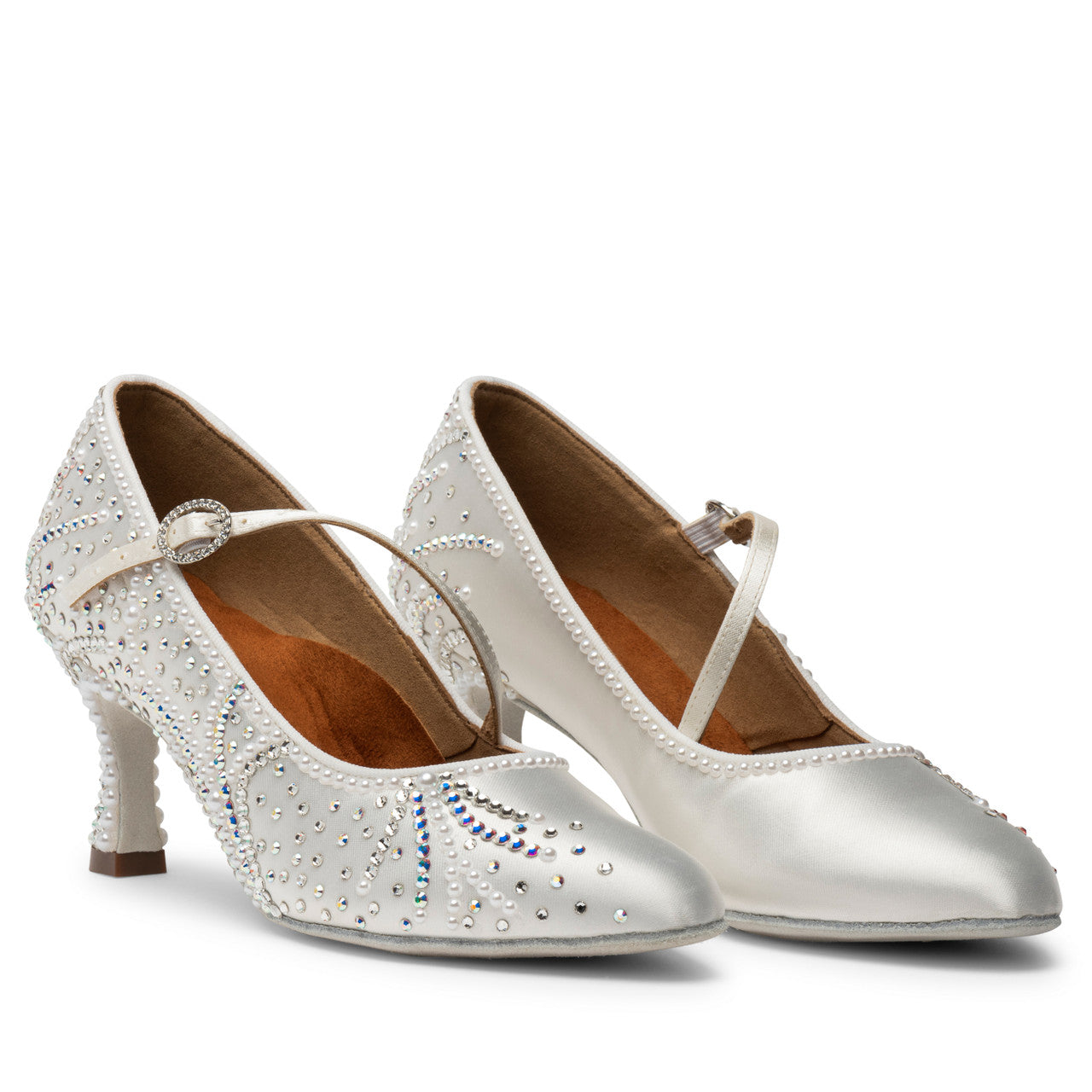 International Dance Shoes IDS White Satin ICS RoundToe SingleStrap Ballroom Shoe by Lauren Covered in Preciosa Crystals