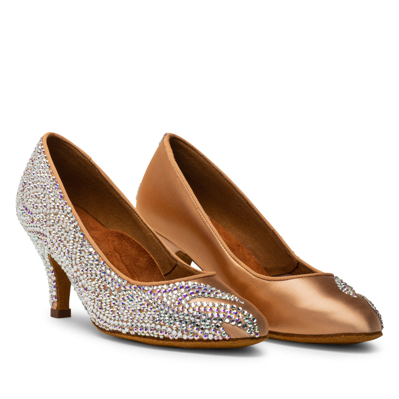 International Dance Shoes IDS Peach Satin ICS RoundToe by Lauren Ballroom Shoe Covered in Preciosa Crystals