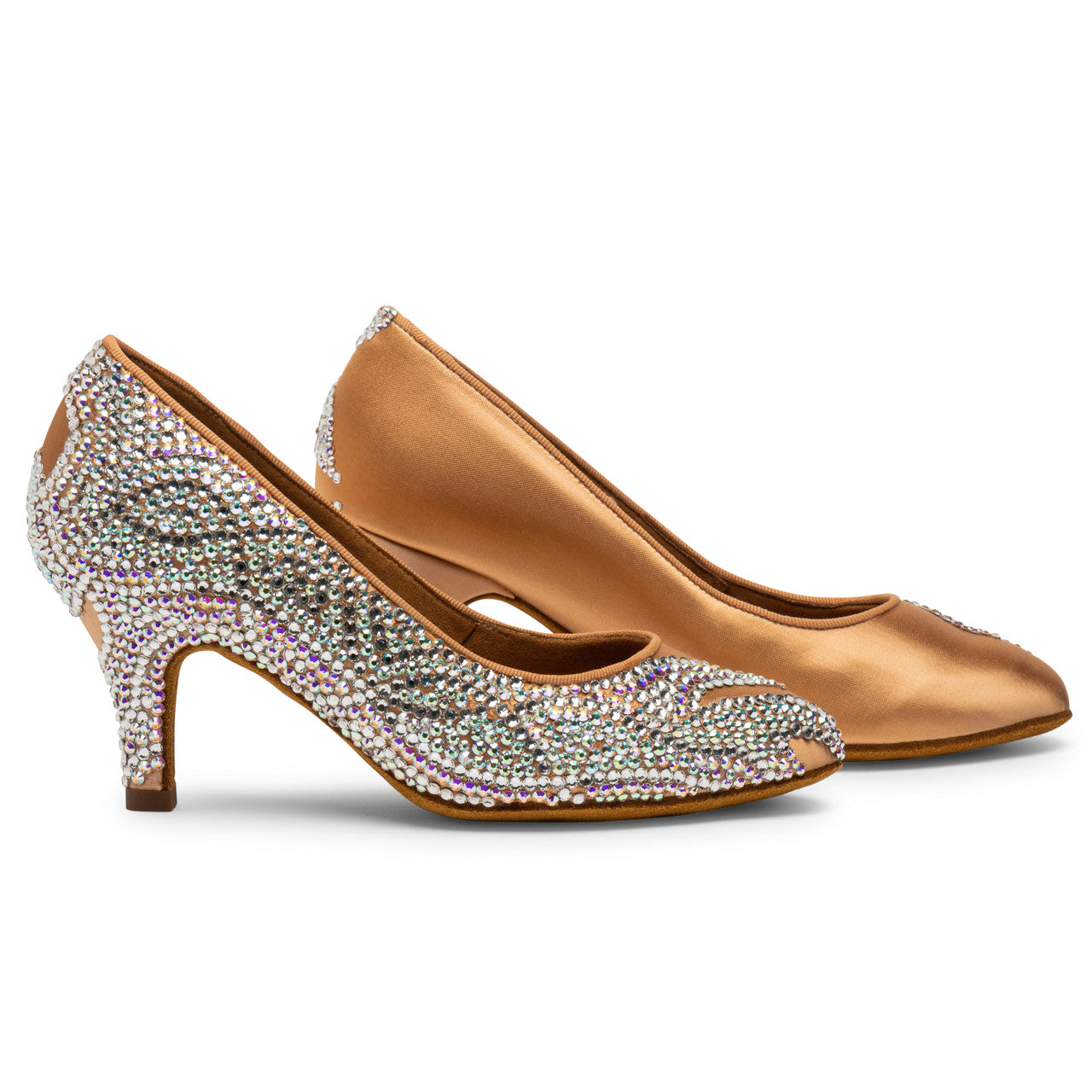 International Dance Shoes IDS Peach Satin ICS RoundToe by Lauren Ballroom Shoe Covered in Preciosa Crystals