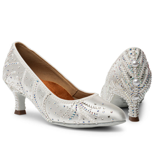 International Dance Shoes IDS White Satin ICS RoundToe by Lauren Ballroom Shoe Covered in Preciosa Crystals