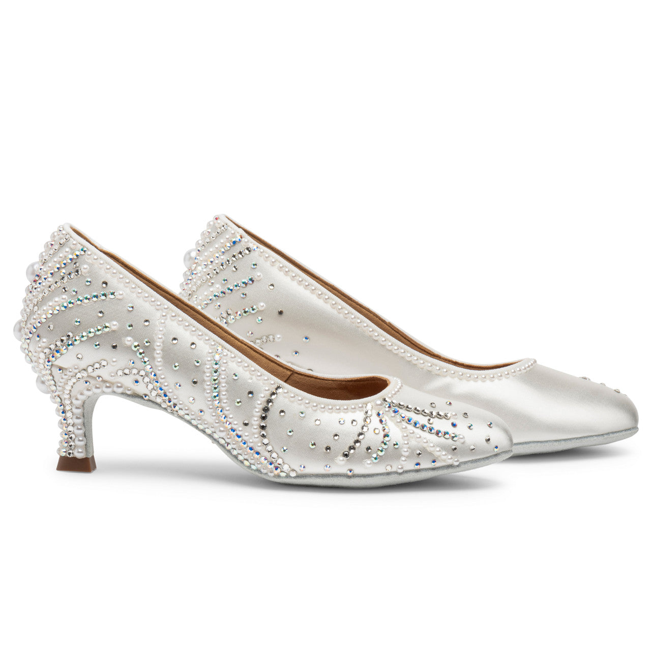 International Dance Shoes IDS White Satin ICS RoundToe by Lauren Ballroom Shoe Covered in Preciosa Crystals