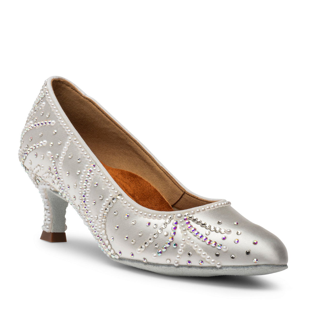 International Dance Shoes IDS White Satin ICS RoundToe by Lauren Ballroom Shoe Covered in Preciosa Crystals