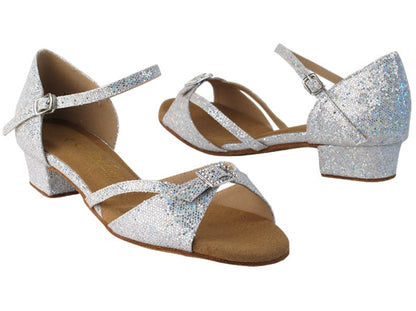 Silver glitter Very Fine Ladies Practice Dance Shoe with cross ankle strap and 1.5-inch heel, designed for stability and elegance on the dance floor.