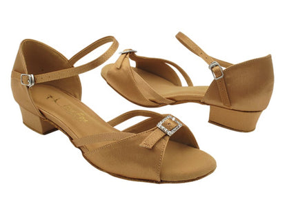 Tan satin Very Fine Ladies Practice Dance Shoe with cross ankle strap and 1.5-inch heel, offering a secure fit and stylish design for dancers.
