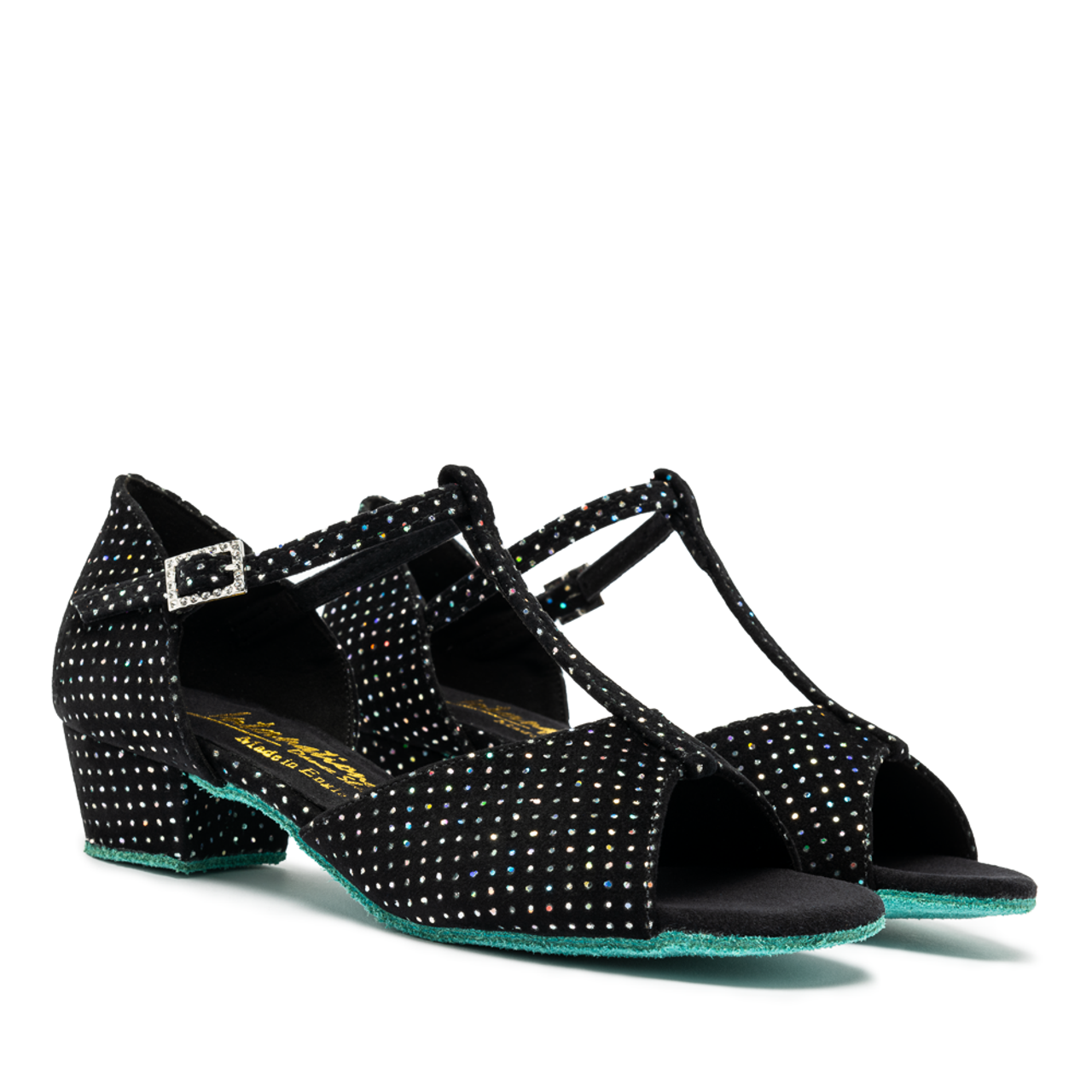 Girl's Latin dance shoe in black silver hologram with T-strap