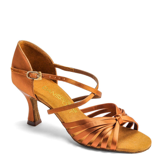 International Dance Shoes IDS Dansport Tan Satin Ladies Latin Dance Shoe with 2.5" Flared Heel L3006