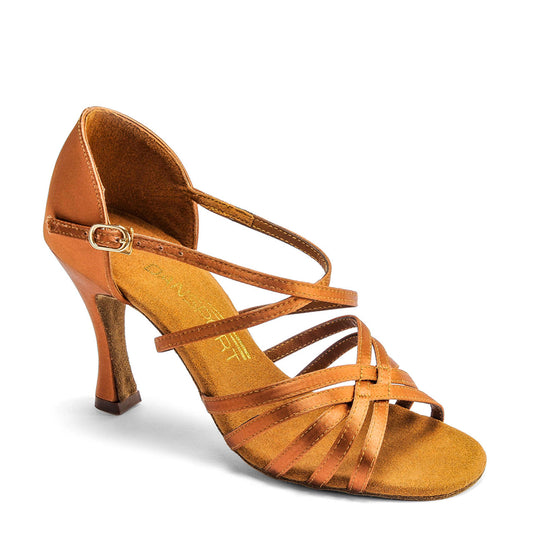 International Dance Shoes IDS Dansport Tan Satin Ladies Latin Dance Shoe with 2.5" or 3" Flared Heel L3007