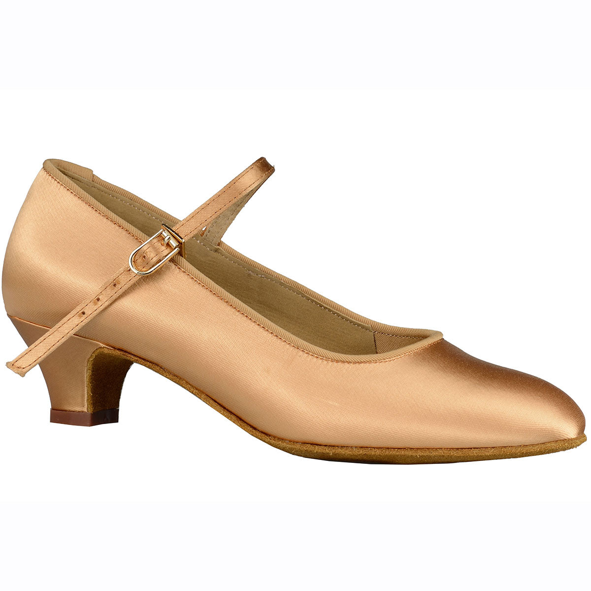 Dance America Logan Children's Light Tan Satin Ballroom Shoe with Single Strap and Low Block Heel