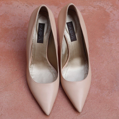 Top view of Paoul Maddalena powder nappa leather bridal and social dance shoes, showcasing pointed toe design and luxurious gold interior.