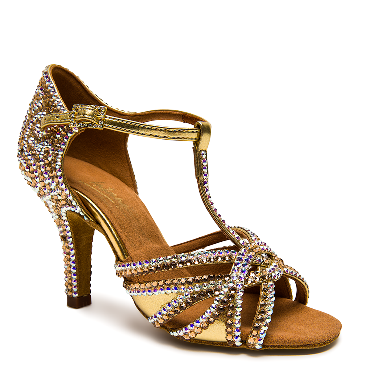 International Dance Shoes IDS Gold Mia T-Bar by Lauren Latin Shoe Covered in Preciosa Crystals