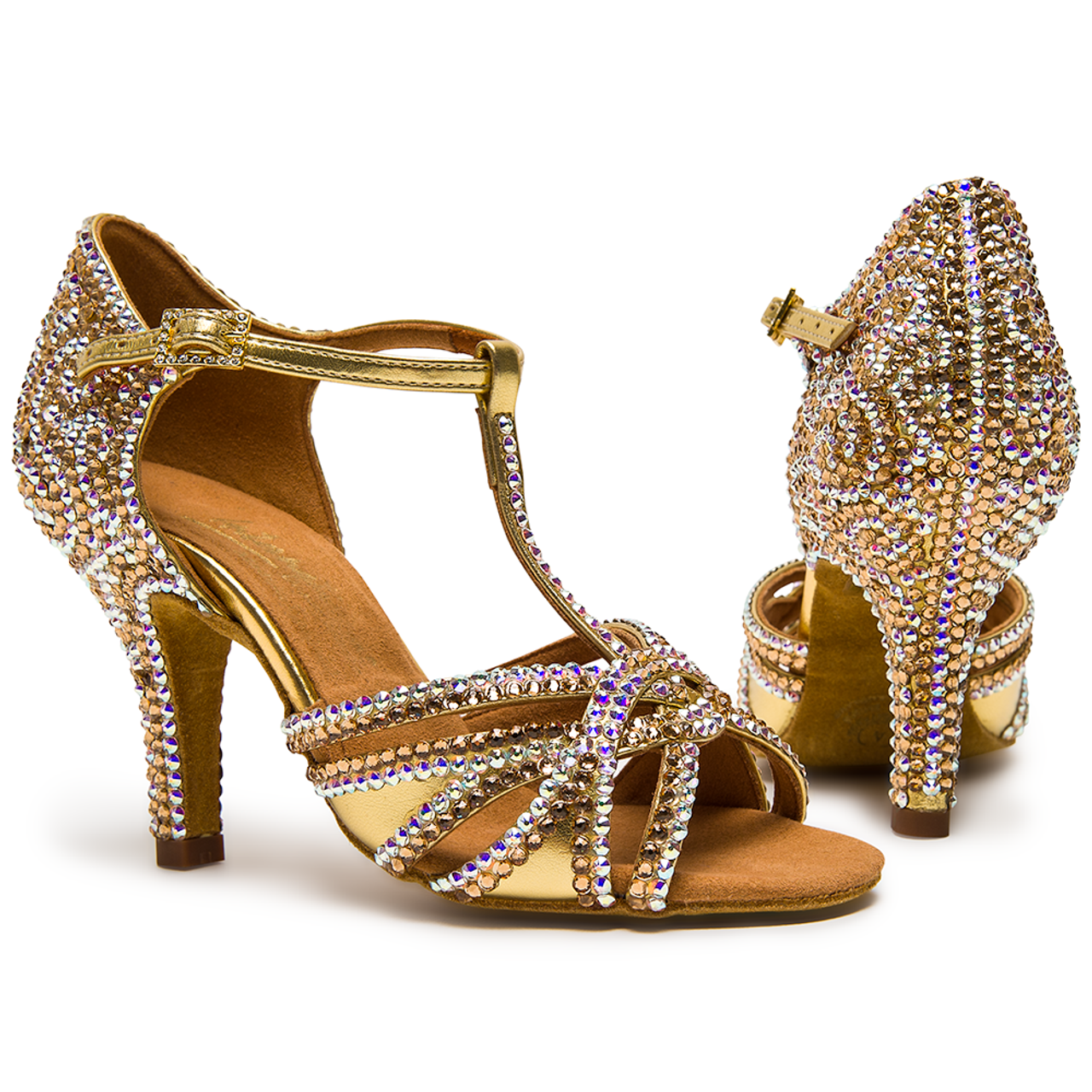 International Dance Shoes IDS Gold Mia T-Bar by Lauren Latin Shoe Covered in Preciosa Crystals