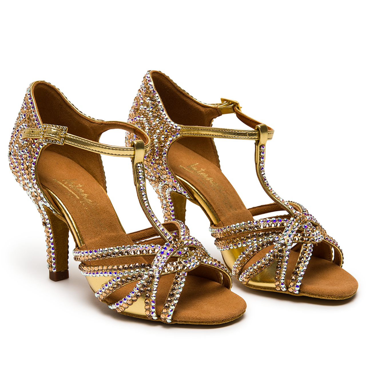 International Dance Shoes IDS Gold Mia T-Bar by Lauren Latin Shoe Covered in Preciosa Crystals