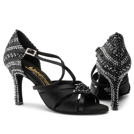 International Dance Shoes IDS Black Satin Mia by Lauren Latin Shoe Covered in Jet Preciosa Crystals