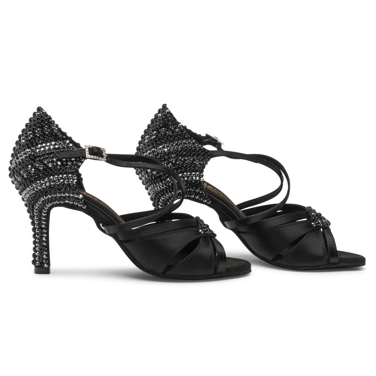 International Dance Shoes IDS Black Satin Mia by Lauren Latin Shoe Covered in Jet Preciosa Crystals