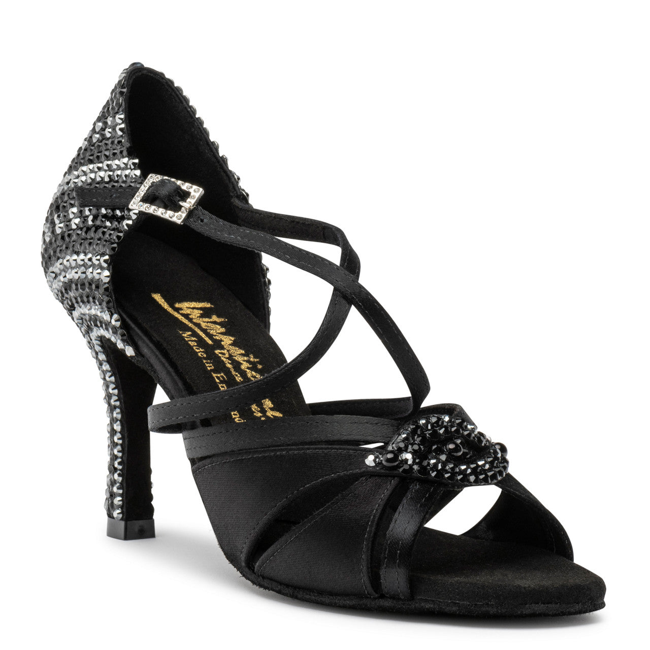 International Dance Shoes IDS Black Satin Mia by Lauren Latin Shoe Covered in Jet Preciosa Crystals