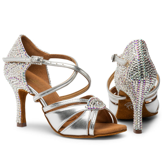 International Dance Shoes IDS Silver Mia by Lauren Latin Shoe Covered in Preciosa Crystals