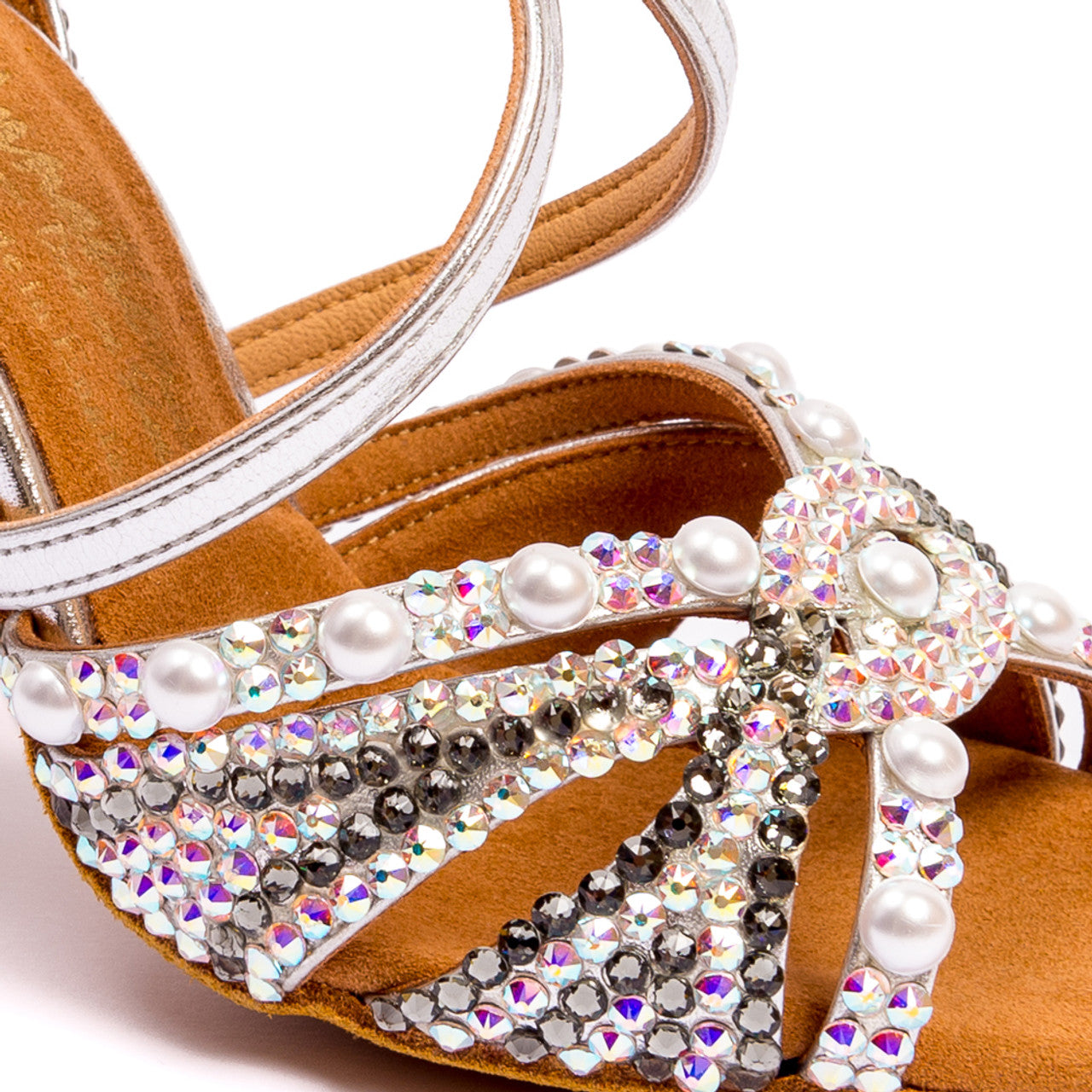 International Dance Shoes IDS Silver Mia Latin Dance Shoe by Lauren Covered in Preciosa Crystals and Pearls