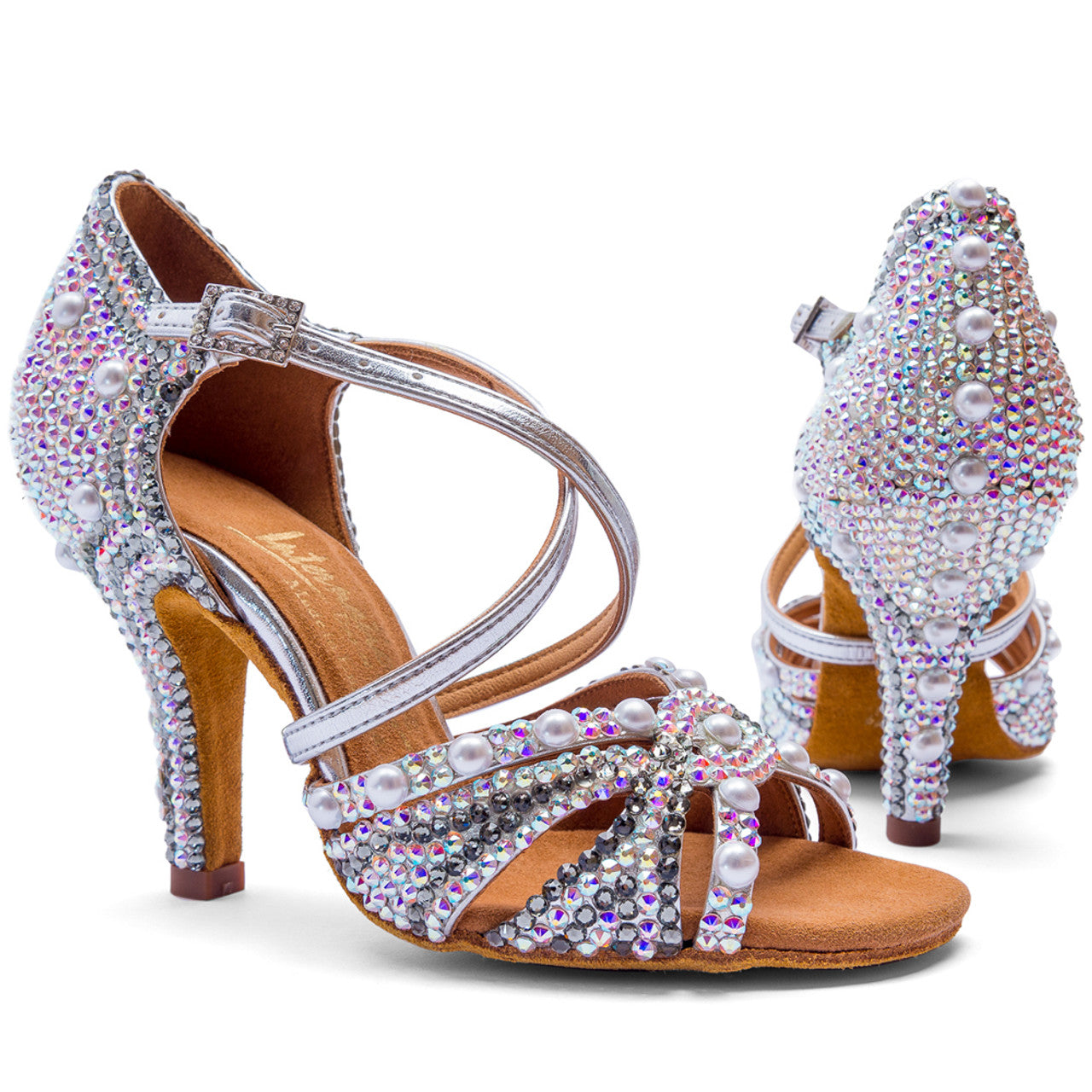 International Dance Shoes IDS Silver Mia Latin Dance Shoe by Lauren Covered in Preciosa Crystals and Pearls
