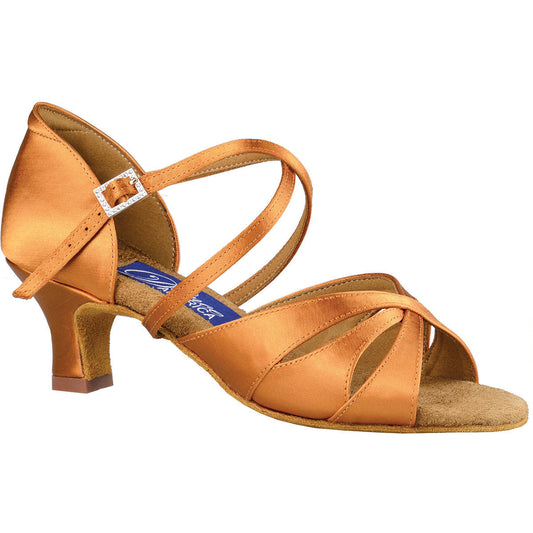 Dance America Phoenix Ladies Dark Tan Satin Latin Dance Shoe with 3 Strap Vamp