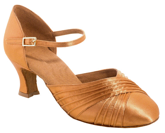 Tan ballroom shoe for ladies with ankle strap and cross over design on toe
