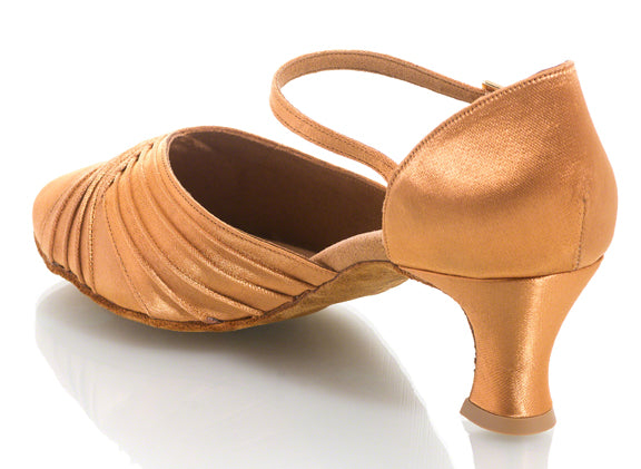 Tan ballroom shoe for ladies with ankle strap and cross over design on toe