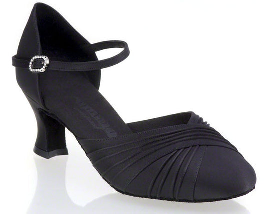 Black ballroom shoe for ladies with ankle strap and cross over design on toe