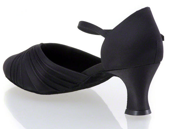Black ballroom shoe for ladies with ankle strap and cross over design on toe