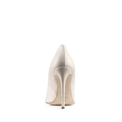 Paoul Regina ladies butter leather pointed toe bridal and social dance shoe, rear view highlighting slim high heel and sleek finish.