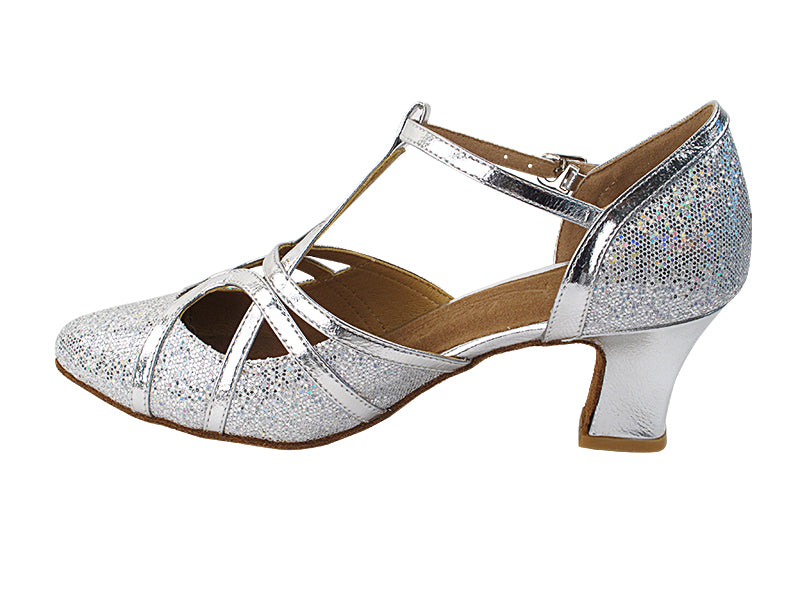 Very Fine SERA3541 Ballroom Dance Shoe with Cuban Heel and Unique Strap Design Available in Gold and Silver