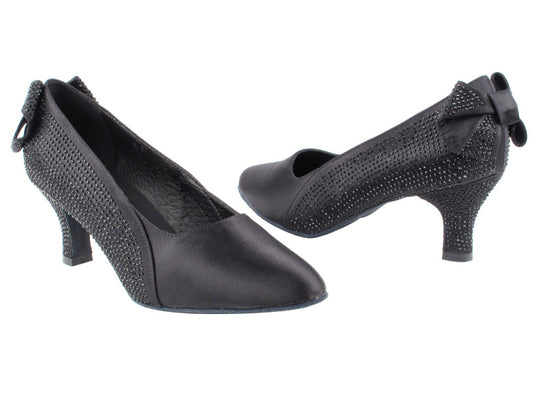 Very Fine SERA5512 Ladies Satin Ballroom Dance Shoe with Stones and Bow on Back of Heel Available in Gray, White, and Black