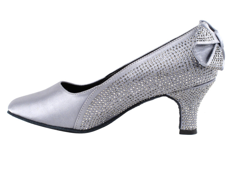 Very Fine SERA5512 Ladies Satin Ballroom Dance Shoe with Stones and Bow on Back of Heel Available in Gray, White, and Black