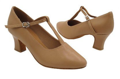 Very Fine Ballroom and Character Shoes with T-Strap 1682 in tan. Features a classic design with a mid-heel and adjustable buckle strap for secure fit.