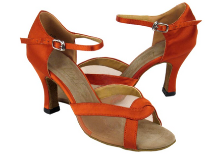 Very Fine Ladies Dance Shoes 1675 in vibrant orange satin with suede sole and cushioned insole. Features quick-release buckle for secure fit.