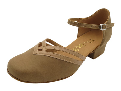 Angled view of Very Fine Ladies Practice Dance Shoe 8881, displaying its comfortable low heel, secure ankle strap, and flexible suede sole.