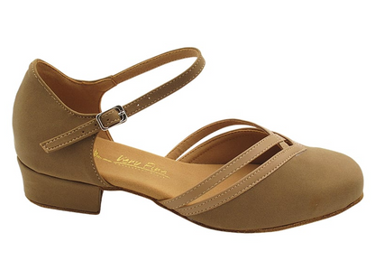 Side view of Very Fine Ladies Practice Dance Shoe 8881, showcasing its elegant tan suede design, ankle strap, and cushioned insole.