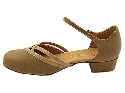 Profile view of Very Fine Ladies Practice Dance Shoe 8881, featuring a tan suede upper, crisscross straps, and a supportive low heel.