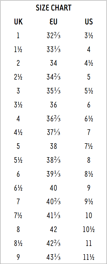 Size chart for Werner Kern Social Dance Shoes KIM, displaying UK, EU, and US shoe size conversions for accurate fitting.