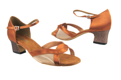 Bronze satin Very Fine Ladies Dance Shoes 1675 with low glitter heel, suede sole, and cushioned insole. Features quick-release buckle for secure fit.