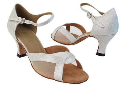 Silver glitter Very Fine Ladies Dance Shoes 1675 with suede sole and cushioned insole. Features breathable mesh and quick-release buckle for a secure fit.