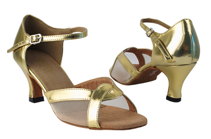 Gold metallic Very Fine Ladies Dance Shoes 1675 with suede sole and cushioned insole. Features breathable mesh and quick-release buckle for a secure fit.