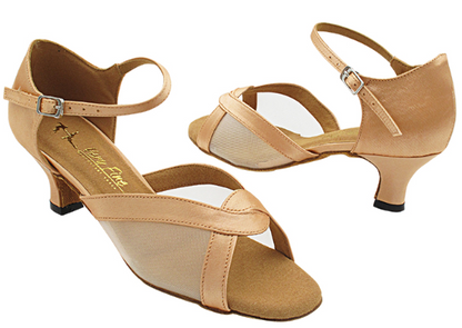 Champagne satin Very Fine Ladies Dance Shoes 1675 with suede sole and cushioned insole. Features breathable mesh and quick-release buckle for a secure fit.