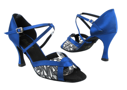 Royal blue satin Very Fine Ladies Dance Shoes 1675 with intricate mesh design, suede sole, and cushioned insole. Features quick-release buckle for secure fit.