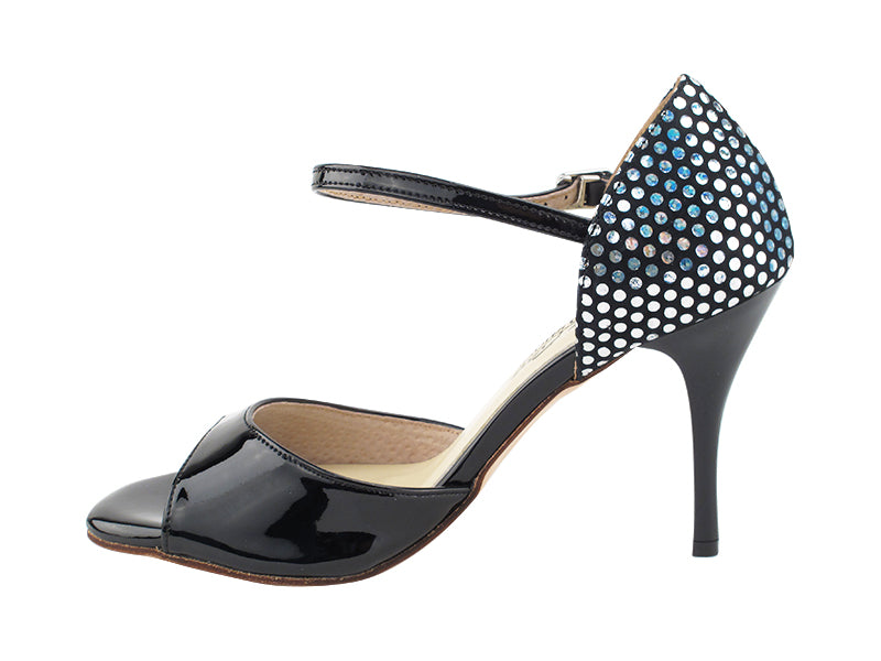 Very Fine VFTango 001 Black Patent & Silver Polka Dot Ladies Tango Shoes with Single Strap