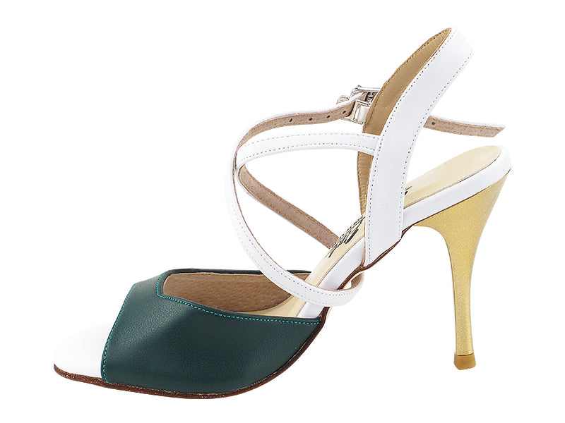Very Fine VFTango 009 Green Leather & White Leather Ladies Tango Shoes with Criss Cross Ankle Strap and Multiple Widths